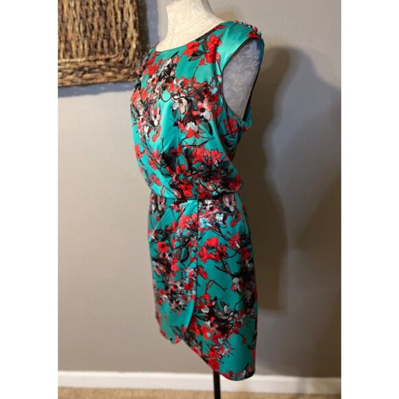 Jessica Simpson Dress 14 Green Red Cherry Blossom Silky Stretch Career Church - Picture 5 of 9